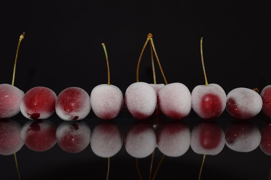 cherries, red, close, mirroring, frosted, frozen, delicious, frisch, gut, healthy