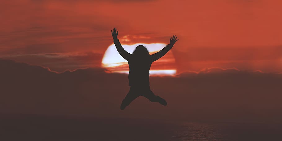 people, jump, silhouette, sunset, clouds, sky, human arm, arms raised, one person, cloud - sky
