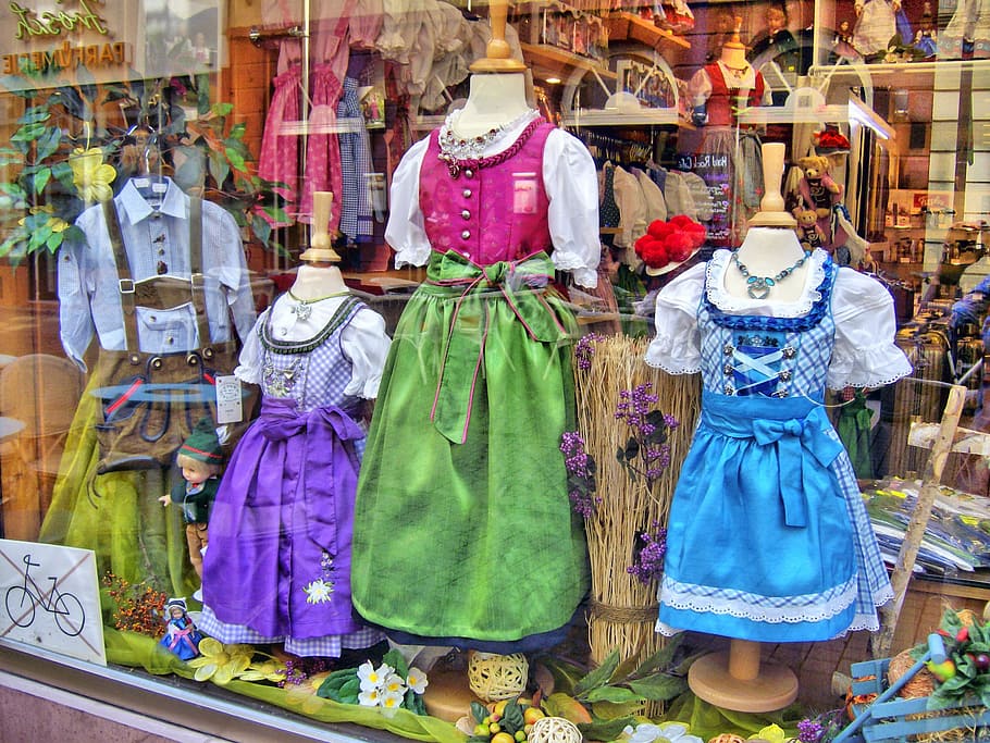 dirndl, costume, tradition, colorful, window, color, clothing, retail, human representation, choice