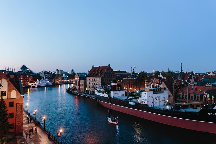 Foto, Gdansk, Polandia, arsitektur, kota tua, rumah petak, rumah, air, sungai, Adegan perkotaan