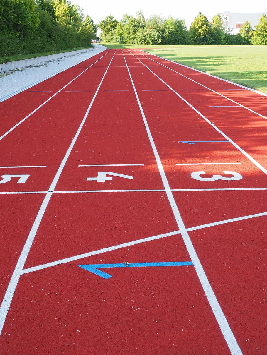 red running track, starter, career, start block, numbers, tartan track, runway, athletics, run, race