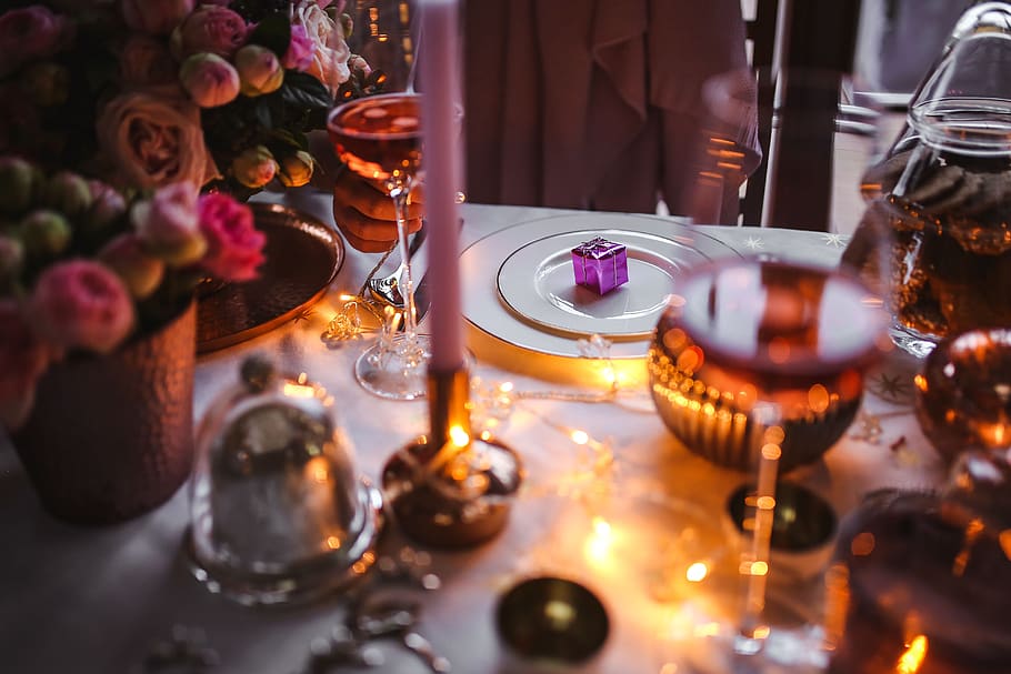 mesa, decoraciones, juego de mesa, rosa, fiesta, glamour, navidad, vela, en el interior, enfoque selectivo