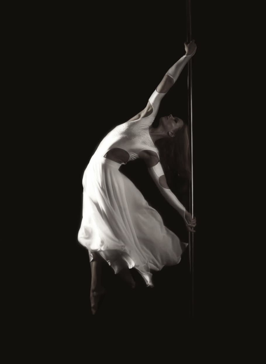 grayscale photography, woman pole dancing, pylon, flight, girl, model, dance, dance floor, soar, pole dance