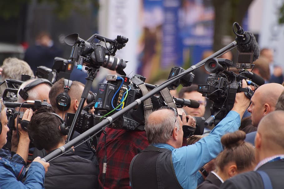 reportero, cámara, multitud, grupo, gente, filmación, camarógrafo, evento, video, tv