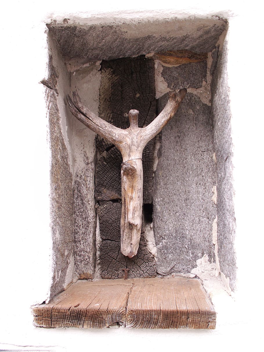 crucifixo, crucificado, cruz, nicho de parede, madeira flutuante, claro, madeira, granito, pedra, arte