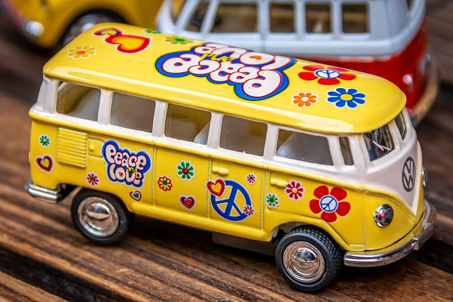 bus, automotive, toys, plastic, colorful, flower, power, hippie, travel, historically