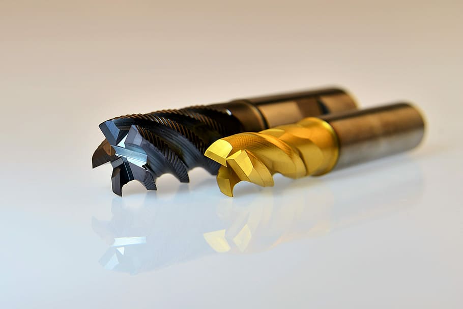 shallow, focus photography, black, brown, drill bits, milling cutters, end mill, milling, machining, gold