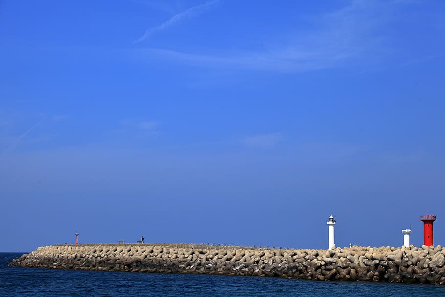 sea, sky, lighthouse, breakwater, jeju island, water, blue, nature, day, clear sky