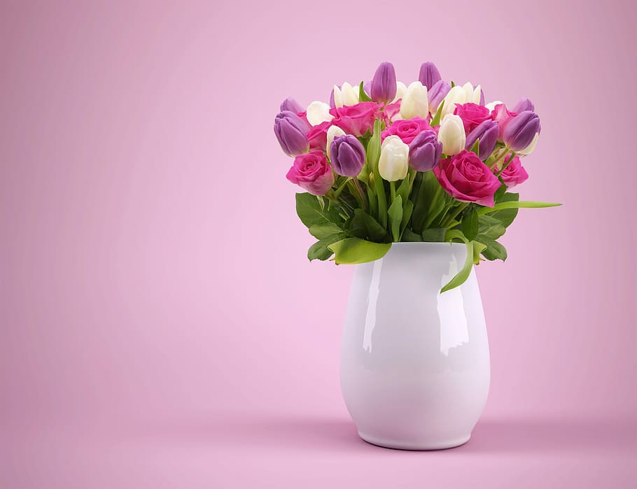 bouquet, purple, pink, white, petaled flowers, ceramic, vase, flowers, flowerpot, tulips
