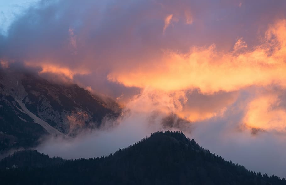山, 灰色, 雲, 夕日, 空, 空中, 霧, 木, 自然, 風景