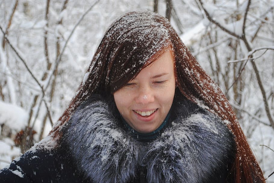 invierno, fríamente, retrato, nieve, gente, persona, mujer, niña, cabello, temperatura fría