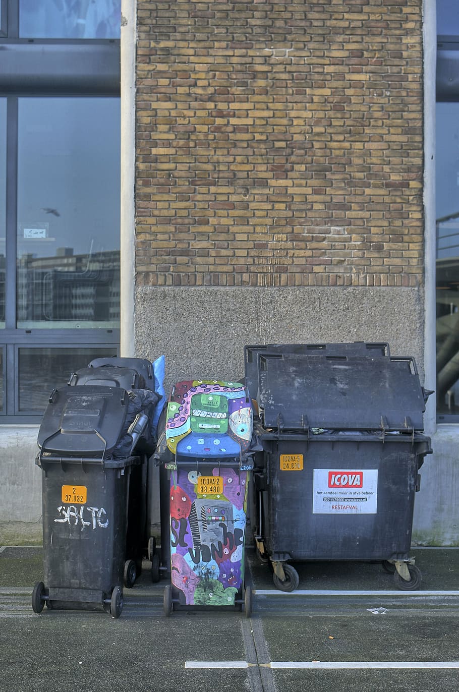 trash cans, graffiti, amsterdam, cleaning, waste, garbage, recycling, urban Scene, garbage bin, architecture