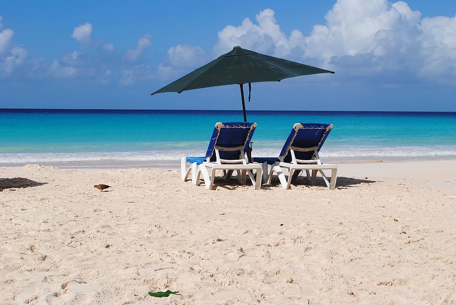 two, blue-and-white lounge, beachfront, daytime, white, lounge, beach, barbados, rockley, summer