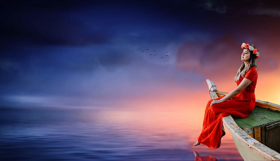 woman, wearing, red, dress, sitting, boat, surrounded, body, water, girl sky