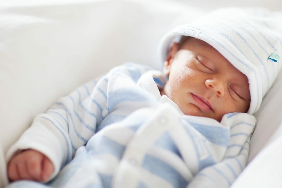 bebé, blanco, azul, pijama footie, durmiendo, textil, pijama, recién nacido, lindo, niño