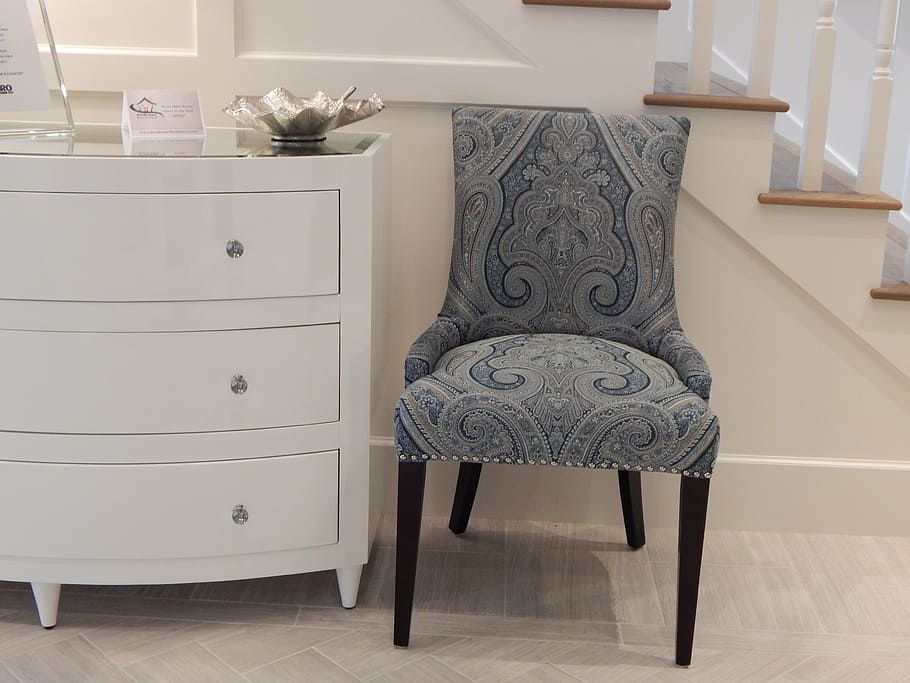blue, gray, chair, white, wooden, 3-drawer, 3- drawer chest, cabinets, furniture, modern
