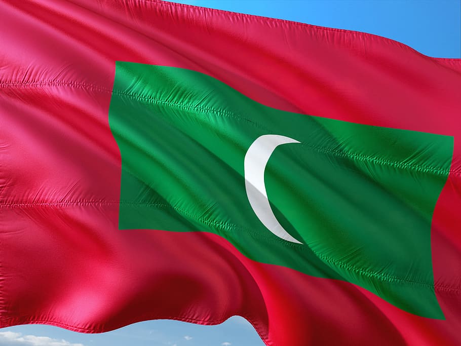 international, flag, maldives, island state, the indian ocean, green color, red, multi colored, textile, backgrounds