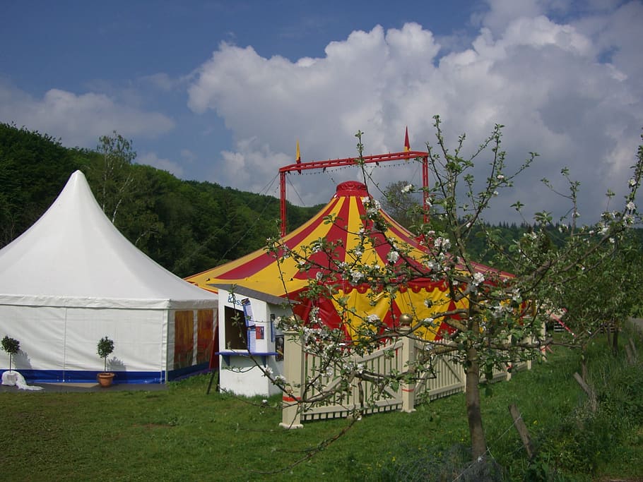 carpa de circo, circo en el verde, carpa, colorido, amarillo, rojo, naranja, blanco, jardín, valle de eselsburg