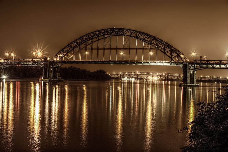 grey, metal bridge, lights, night, bridge, philadelphia, pennsylvania, city, river, jersey