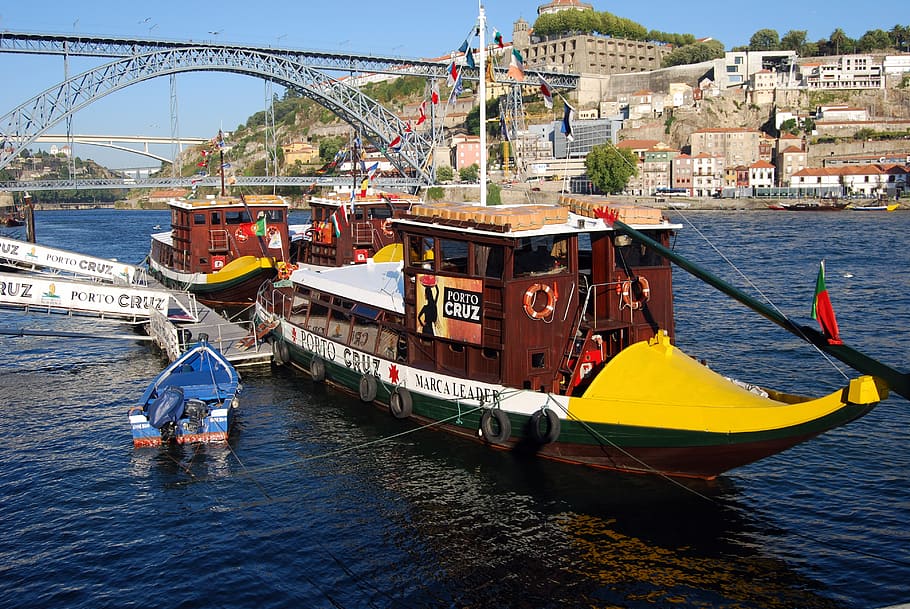 boat, oporto, portugal, river, duero, iron bridge, water, nautical vessel, transportation, mode of transportation