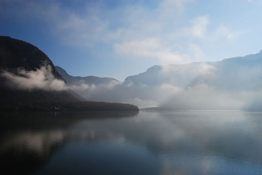 landscape photography, mountain, body, water, surrounded, fogs, hallstätter lake, austria, fog, world heritage