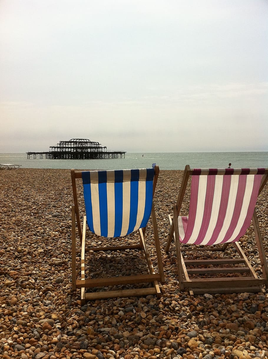 Deckchair, Beach, Relax, Brighton, Pier, brighton, pier, pebbles, sea, absence, water