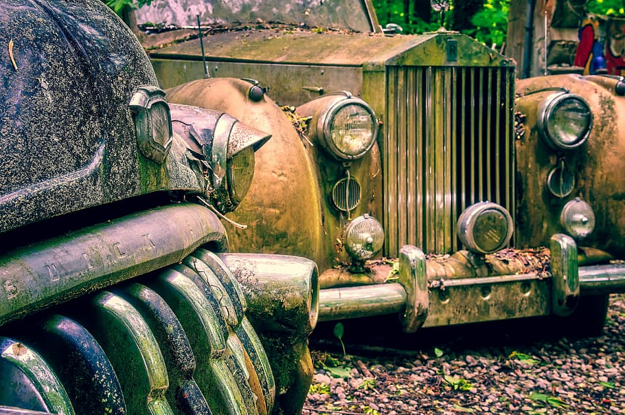 oxidado, rolls royce, vintage, coche, auto, limusina, cementerio de autos, lugar de descanso, viejo contador de tiempo, vehículo