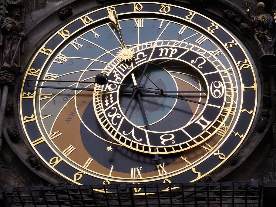 Praga, relógio astronômico, relógio, fases da lua, astronomia, hora, data, sinal de astrologia, número, destinos de viagem