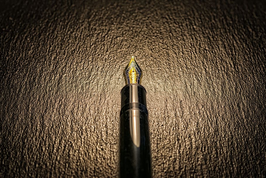 close-up photo, black, fountain pen, filler, leave, writing tool, valuable, gold, mont blanc, precious