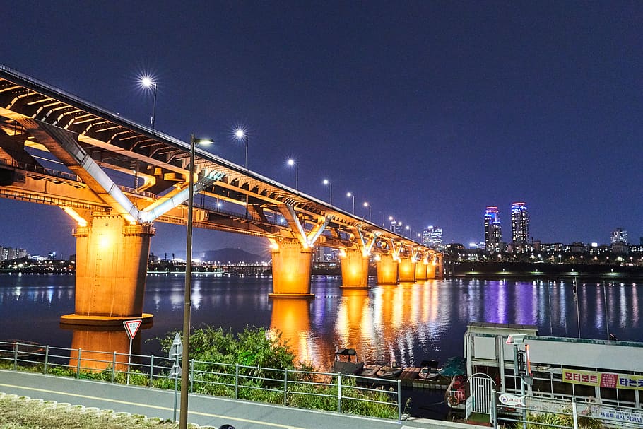 Seúl, vista nocturna, río Han, noche, Corea, luz, puente, una vista nocturna de Seúl, ciudad, turismo