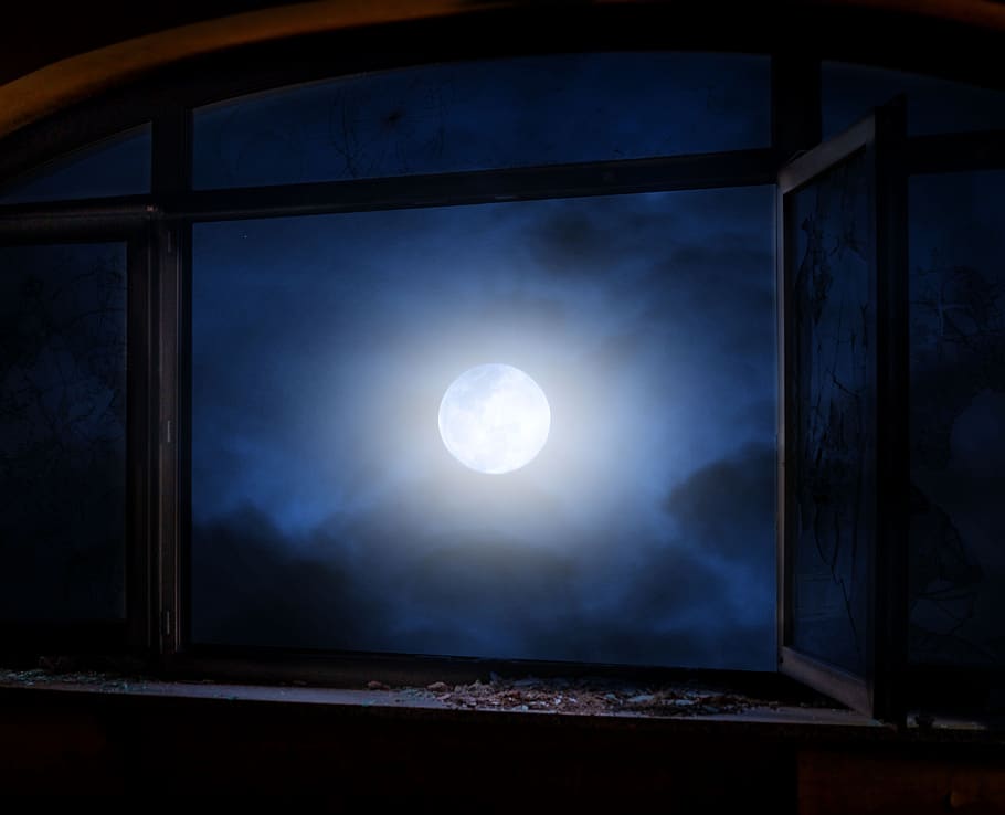 window, moon, night, moonlight, romantic, fantasy, sky, light, landscape, indoors