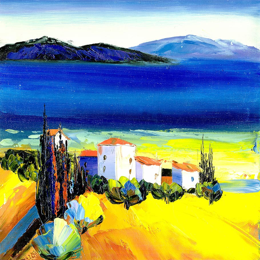 multicolored, painting, houses, body, water, mountain, oil painting, the scenery, beach, nature