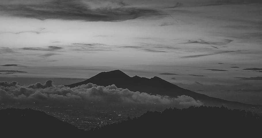 aerial, grayscale photo, volcano, cloudy, day, grayscale, blackandwhite, clouds, sunset, nature
