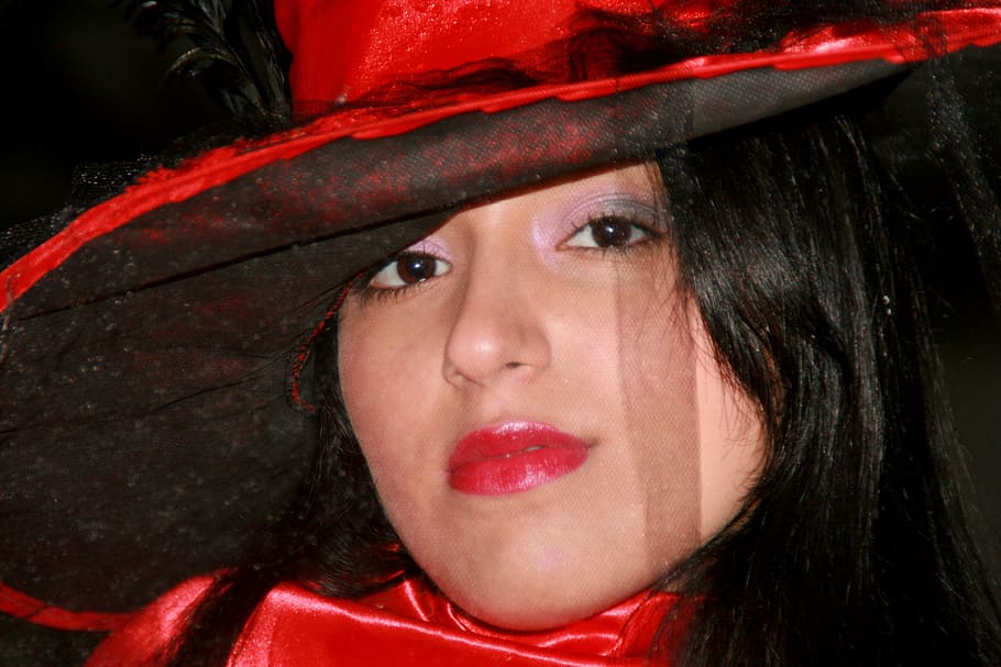 witch, hats, red, portrait, headshot, close-up, adult, women, one person, beautiful woman