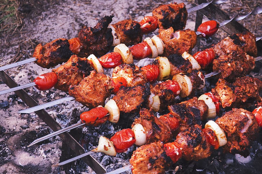 kebab di bbq, kebab, bbq, makanan / minuman, barbekyu, barbeque, makanan, panggangan, memanggang, daging