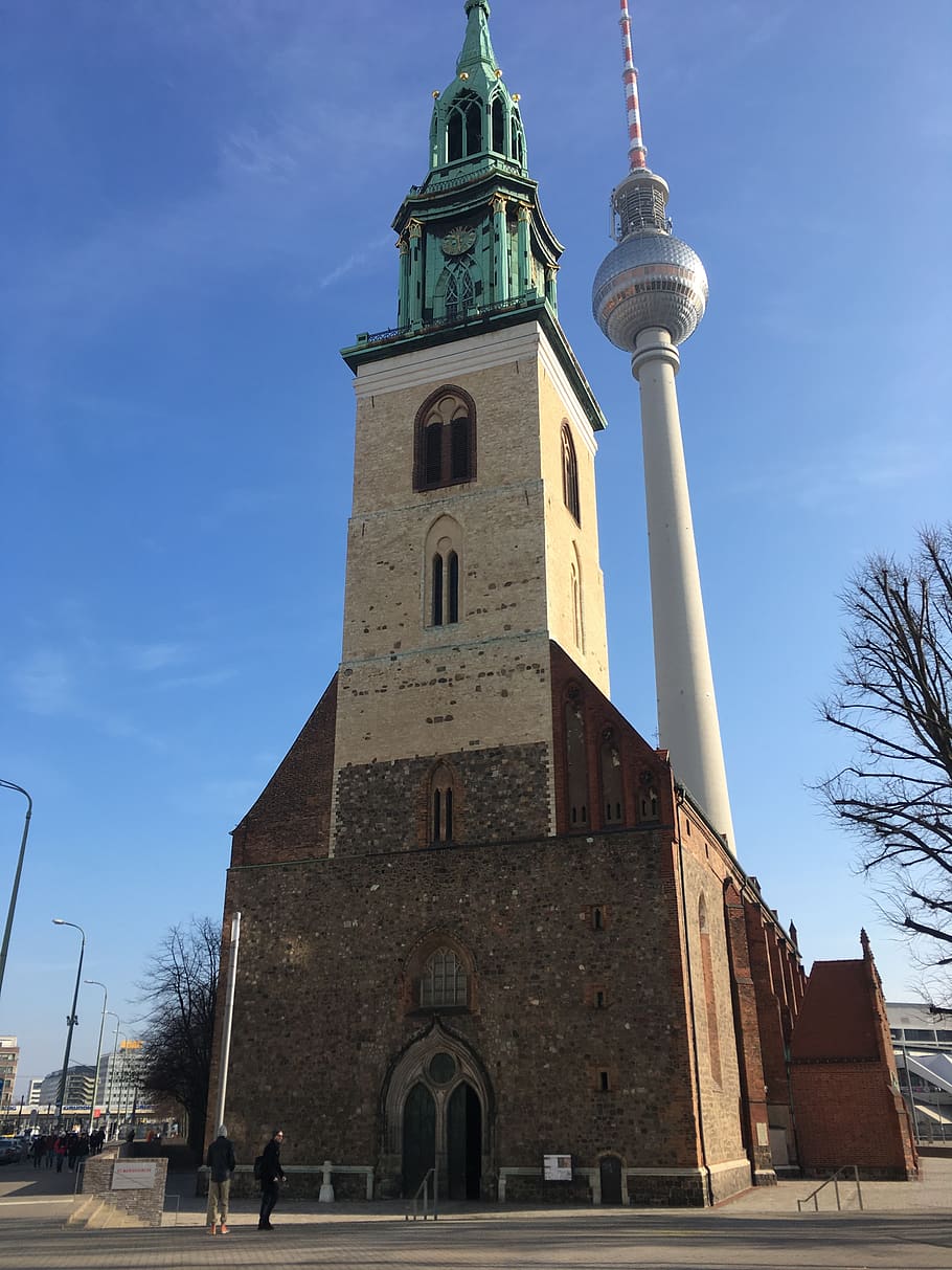 arquitectura, iglesia, religión, torre, cielo, alexanderplatz, marienkirche, edificio, hito, viajes