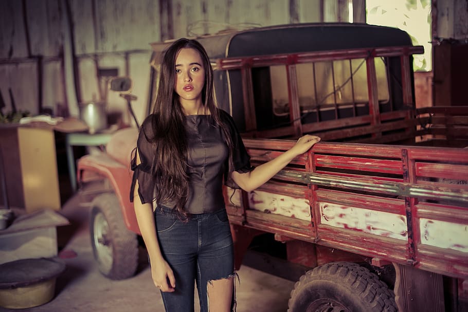 young, woman, vintage, truck, transport, people, person, brunette, lorry, rustic
