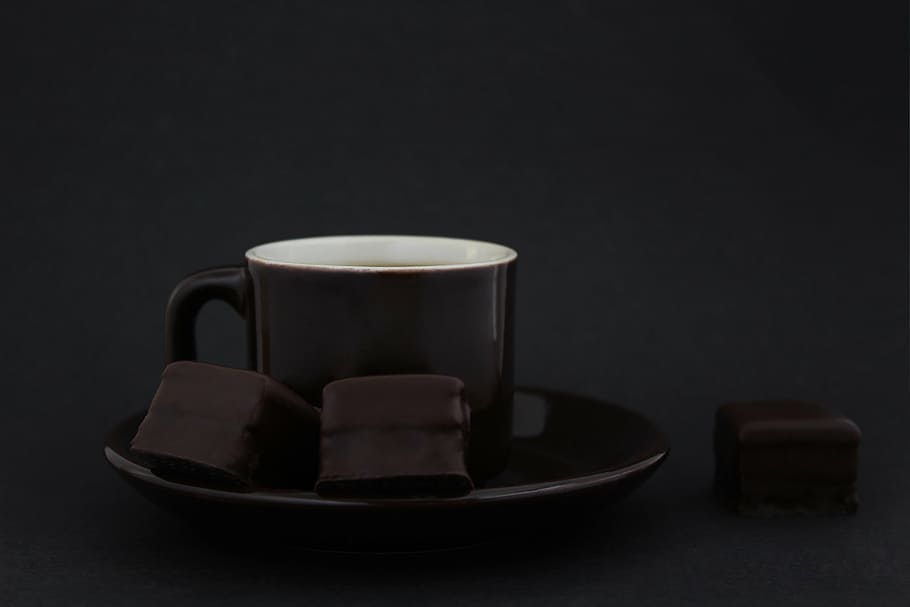 black, mug, round, saucer, bitter chocolate, chocolate, cafe, cocoa powder, chocolate pieces, dark chocolate