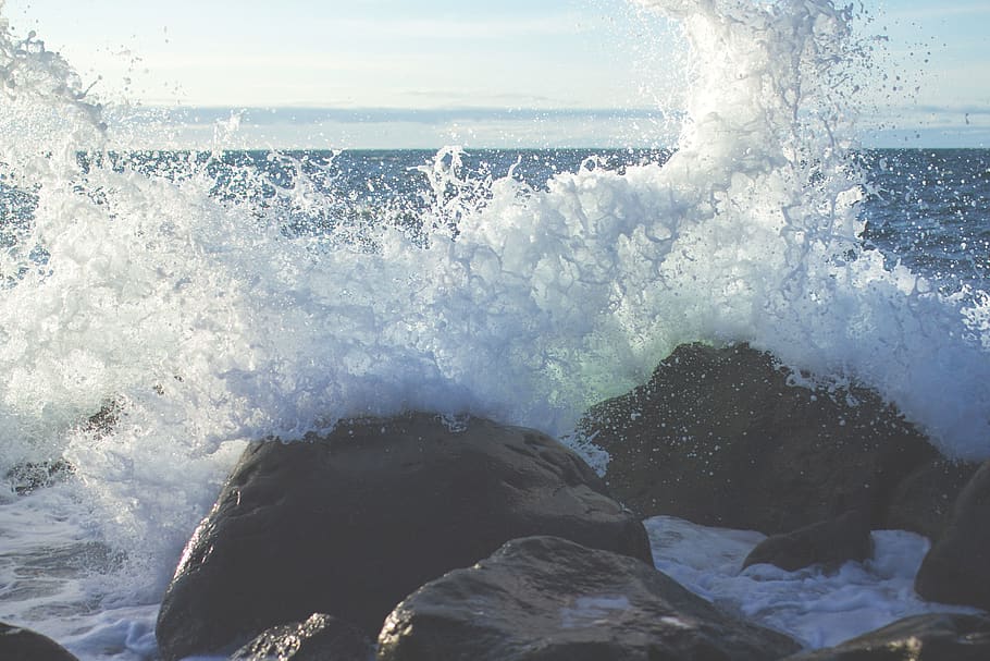 rochas, construtores, ondas, respingo, água, oceano, mar, movimento, onda, força na natureza