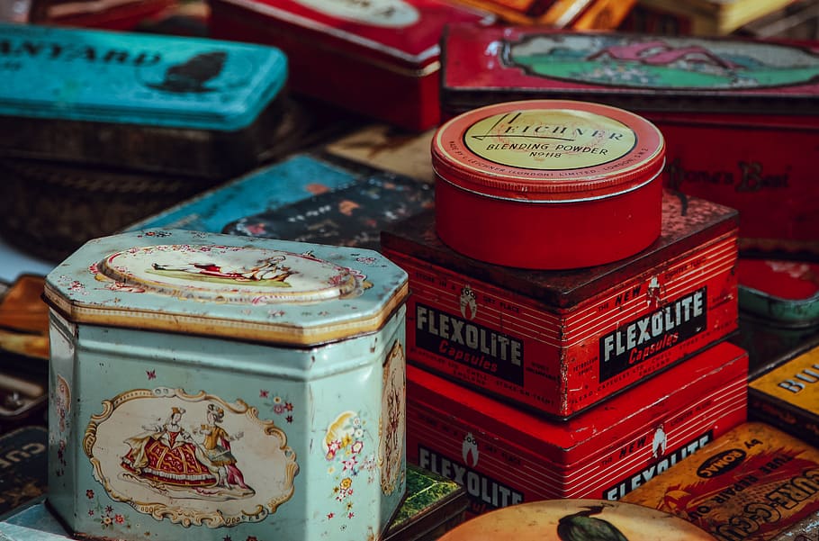 colorful, tin, can, storage, case, close-up, old, indoors, red, still life