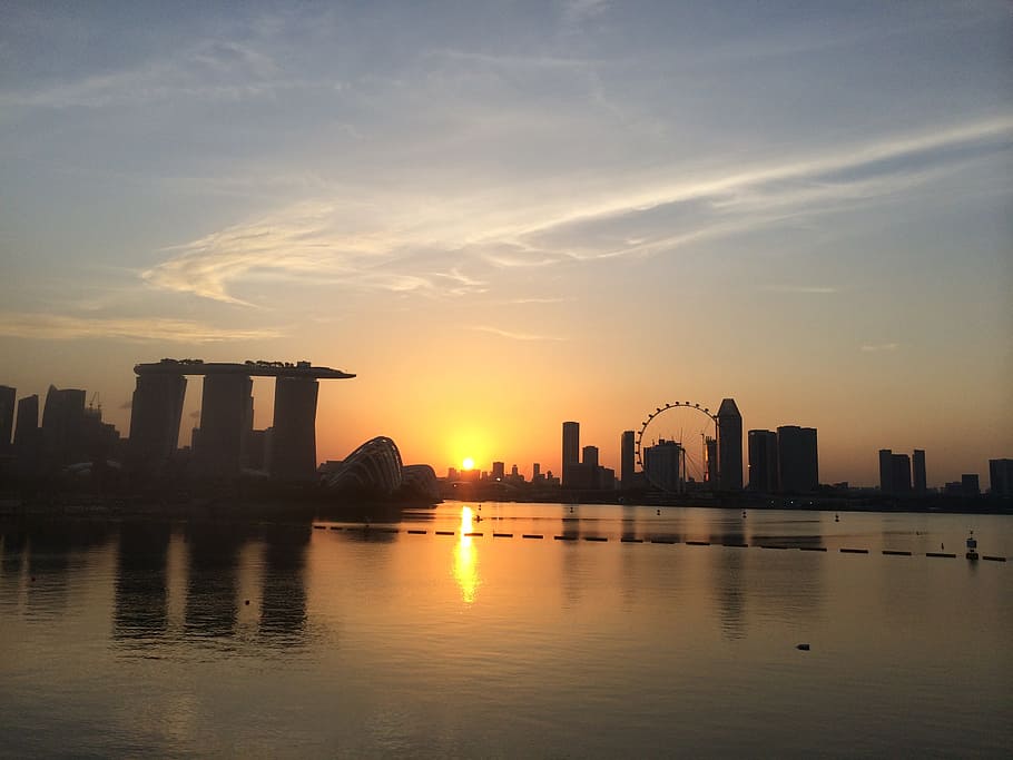 singapore, skyline, marina bay sands, ku de ta, singapore flyer, architecture, marina, sky, panoramic, sunset
