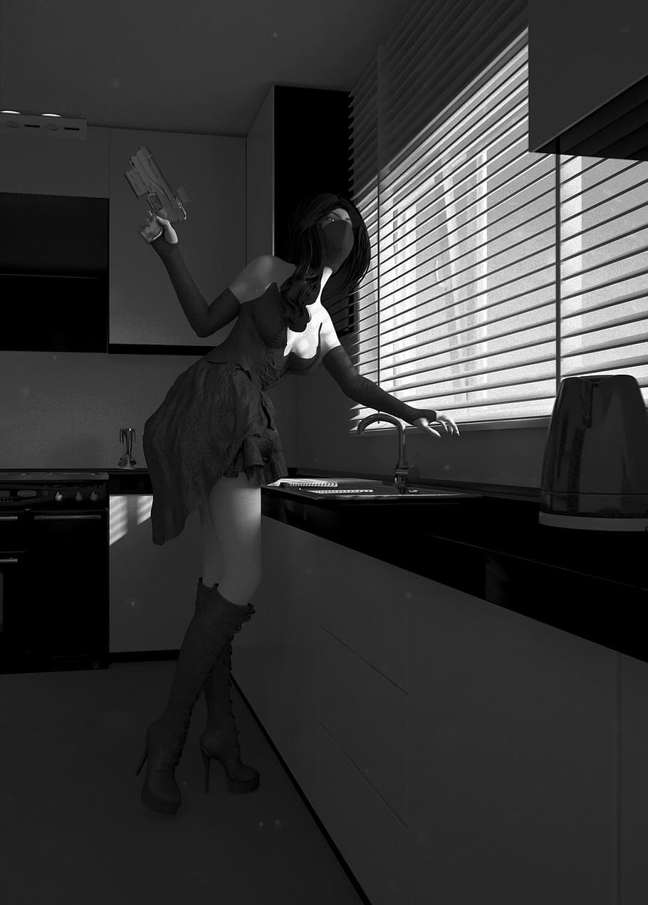 woman, 3d model, gun, kitchen, blinds, hacking, thief, robbery, real people, indoors