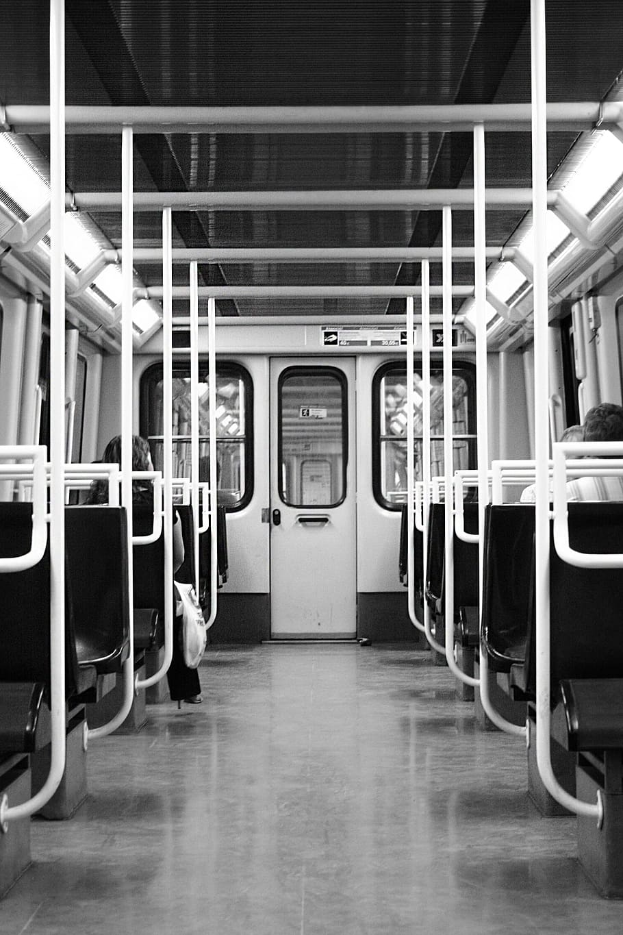 grayscale photo, train, interior, underground, carriage, transport, subway, railroad, railway, travel