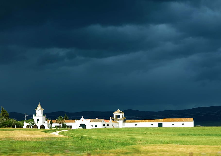 Fazenda, Villa, Casa, Espanha, tempestade, nuvens de chuva, estrutura construída, exterior do edifício, arquitetura, grama