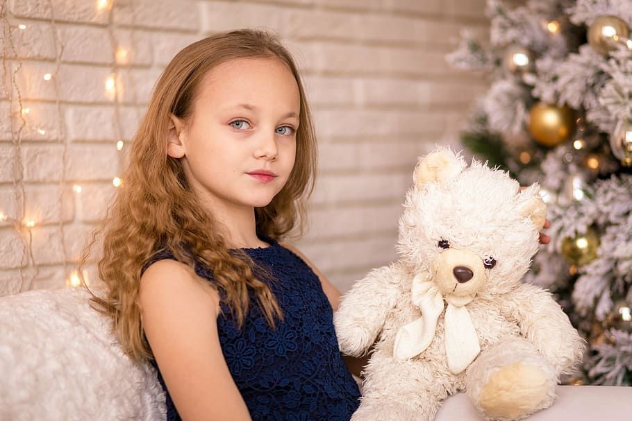 girl, sitting, couch, holding, white, bear, plush, toy, child, kid