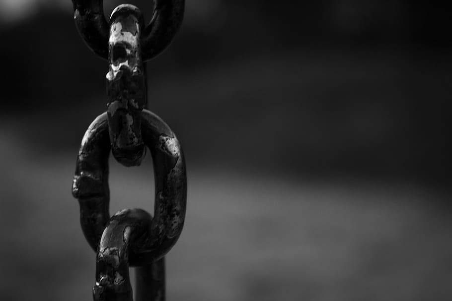 black and white, chain, metal, strength, close-up, focus on foreground, connection, hanging, durability, shape