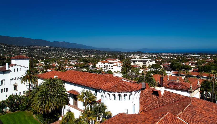 aerial, view, village, santa barbara, california, city, cities, urban, rooftops, overlook