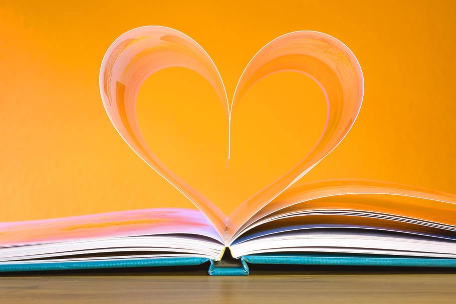 página del libro forma corazón, fotografía de primer plano, libro, educación, escuela, literatura, saber, lectura, biblioteca, papel