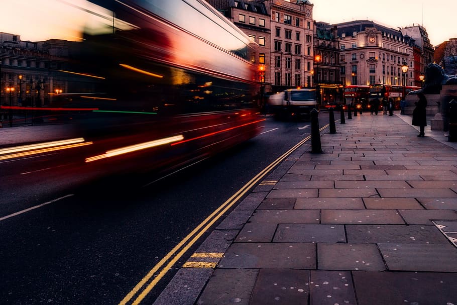 time lapse photo, cars, road, trafalgar square, london, england, city, urban, landmarks, historic