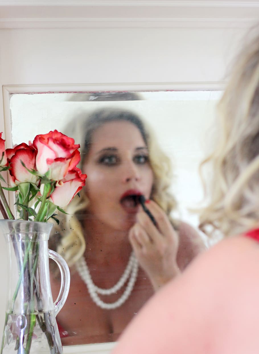 makeup, mirror, woman, lips, lipstick, mouth, face, vase, flowers, glamour